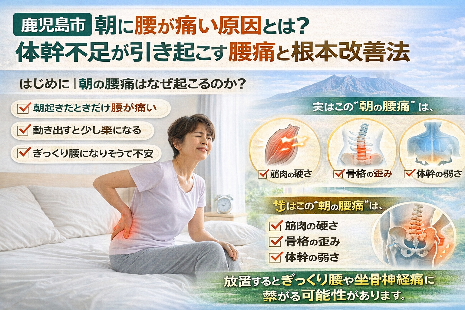 【鹿児島市】朝に腰が痛い原因とは？体幹不足が引き起こす腰痛と根本改善法